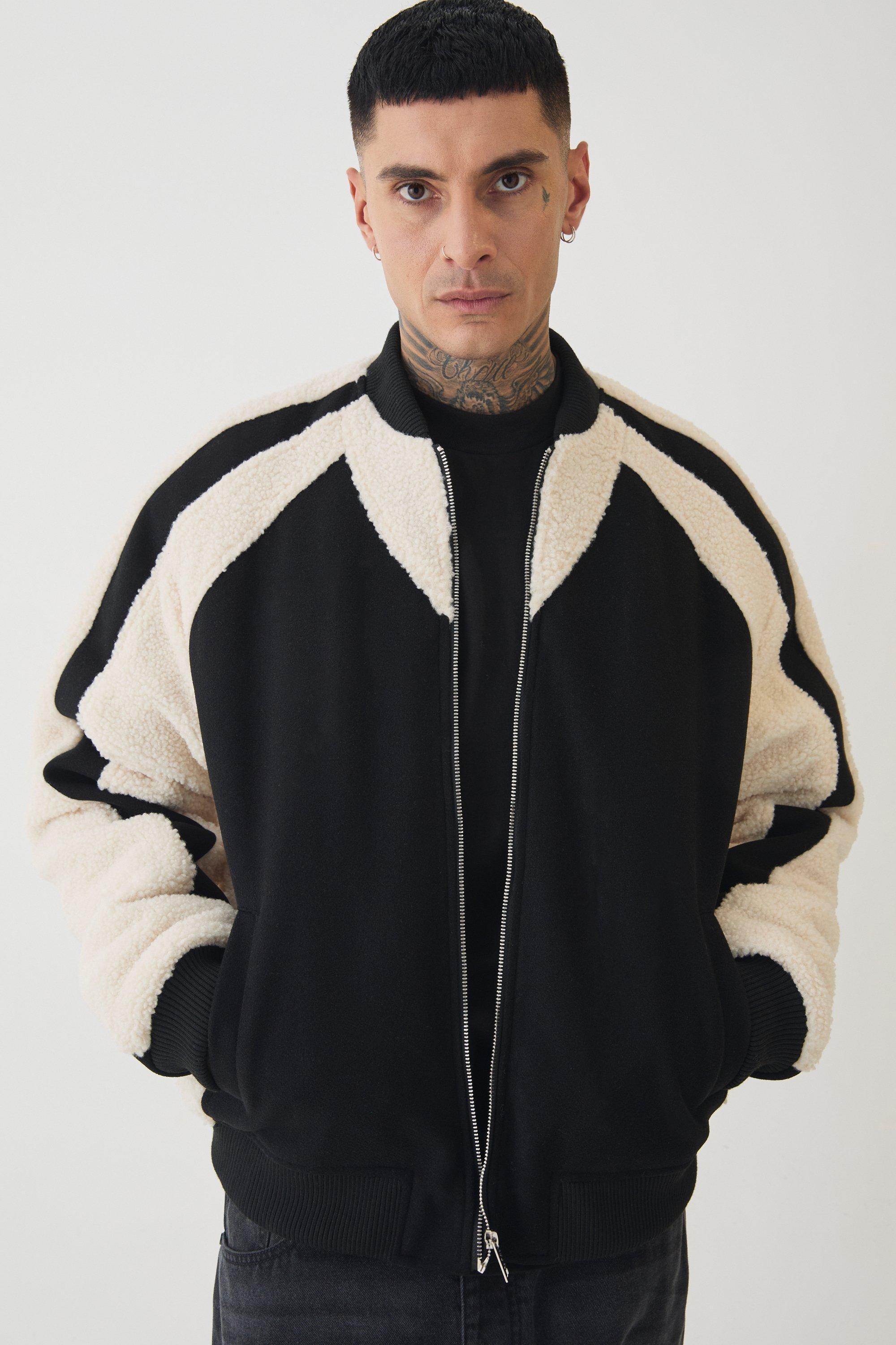 Tall Limited Applique Borg And Melton Bomber Jacket In Black | boohooMAN USA Product Image