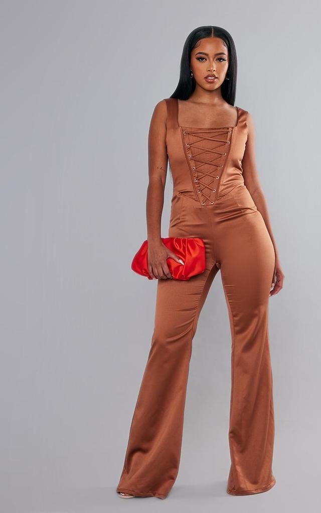 Rust Satin Lace Up Boned Strappy Wide Leg Jumpsuit Product Image