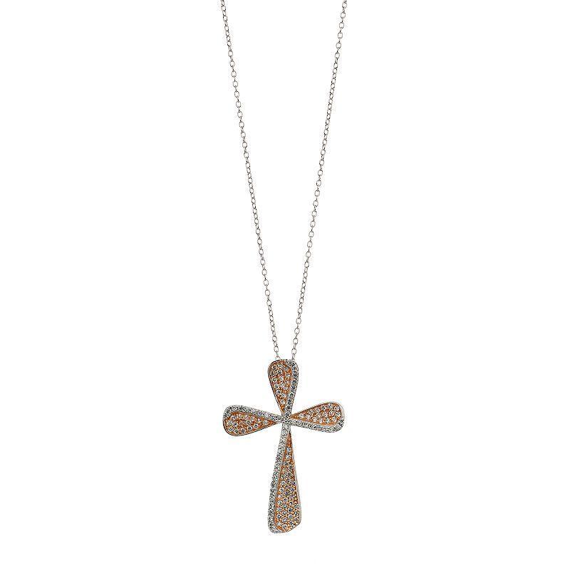 Two Tone Sterling Silver Cubic Zirconia Double Cross Pendant Necklace, Womens Product Image