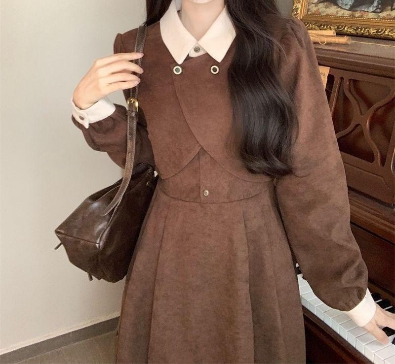 Long-Sleeve Collar Plain Mock Two-Piece Midi A-Line Dress Product Image