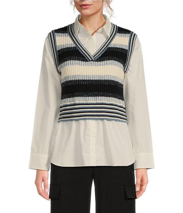 ELAN Striped V-Neck Long Sleeve Sweater Vest Shirt Product Image