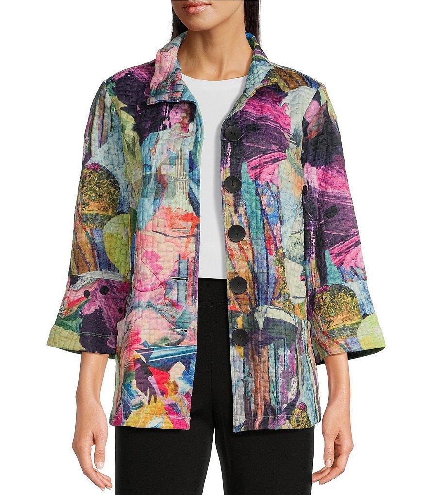 Ali Miles Petite Size Woven Abstract Print Wire Collar Long Sleeve Button-Front Jacket Product Image