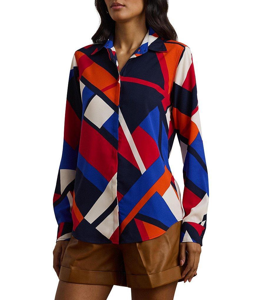 Lauren Ralph Lauren Crepe de Chine Abstract Print Point Collar Long Sleeve Button-Front Shirt Product Image