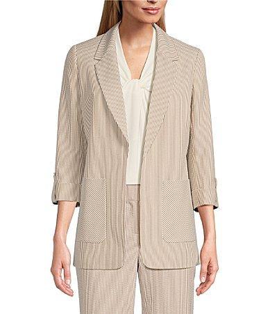 Kasper Seersucker Notch Lapel 34 Roll-Tab Sleeve Coordinating Patch Pocket Jacket Product Image