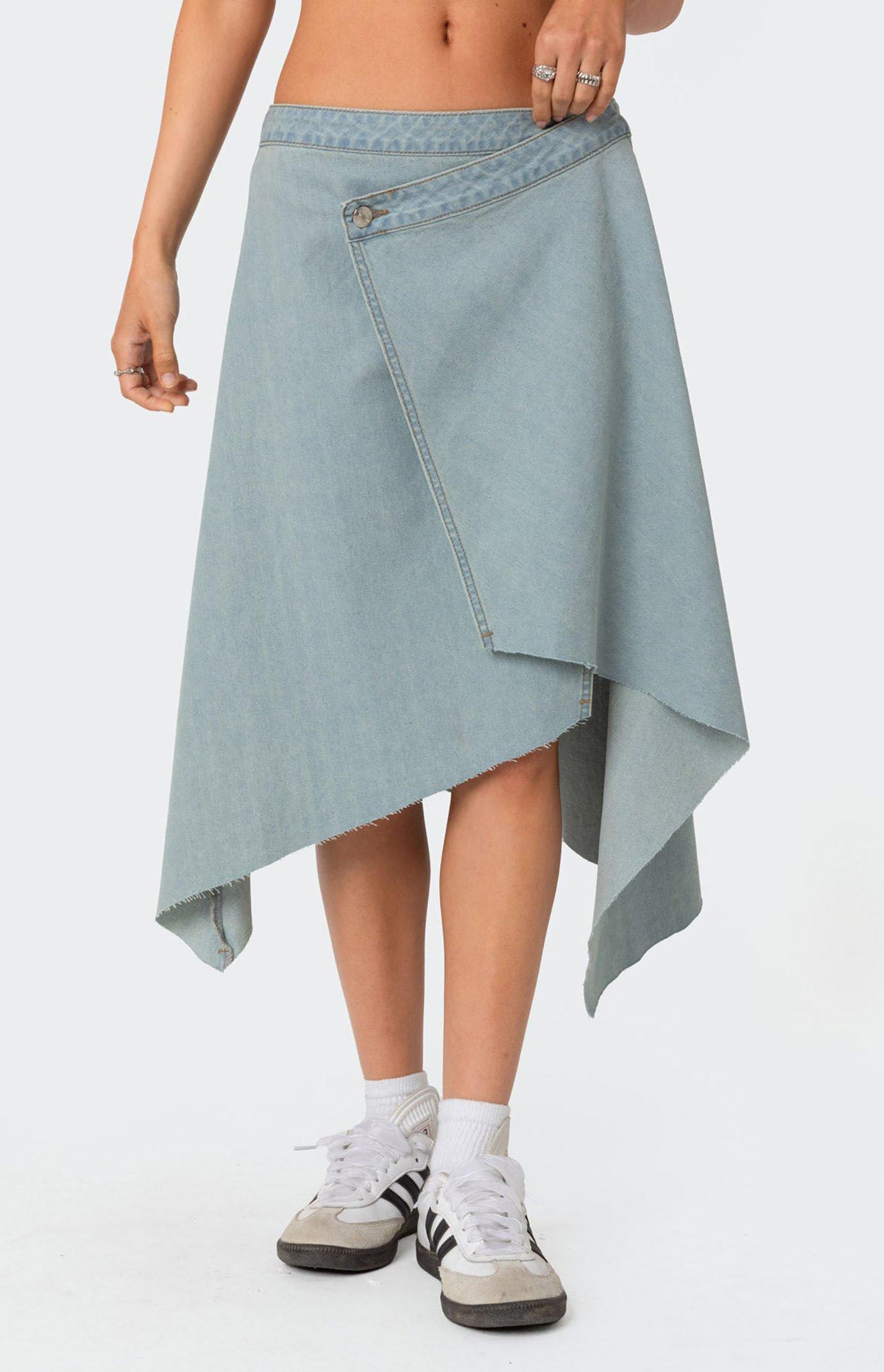 Edikted Women's Asymmetric Wrapped Denim Midi Skirt Product Image