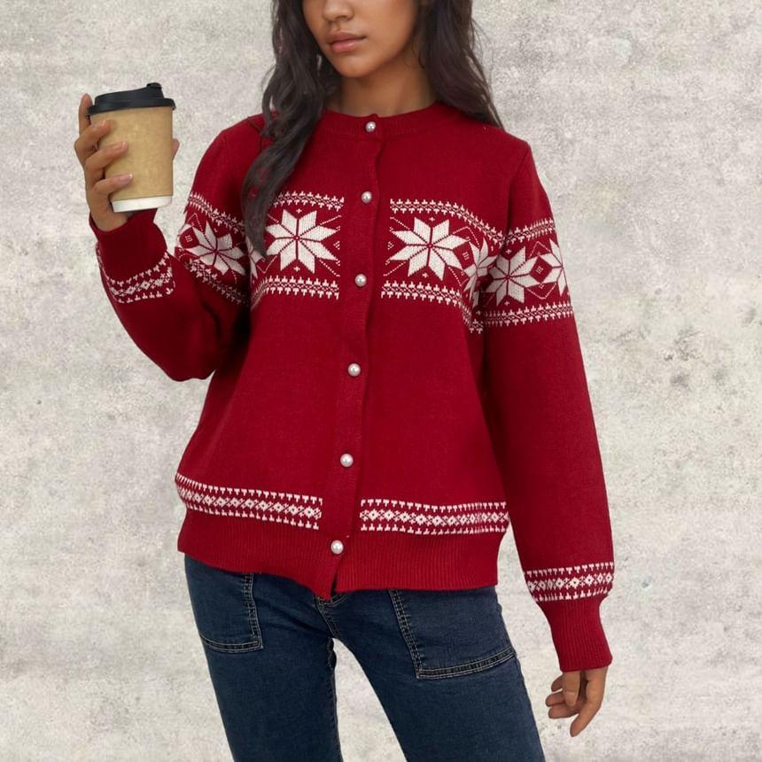 Crew Neck Snowflake Patterned Cardigan Product Image