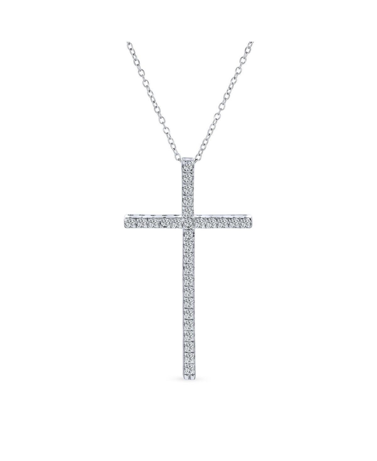 Cubic Zirconia Pave Cz Simple Long Cross Pendant Necklace For Women .925 Sterling Silver 1.75 In With Chain Product Image