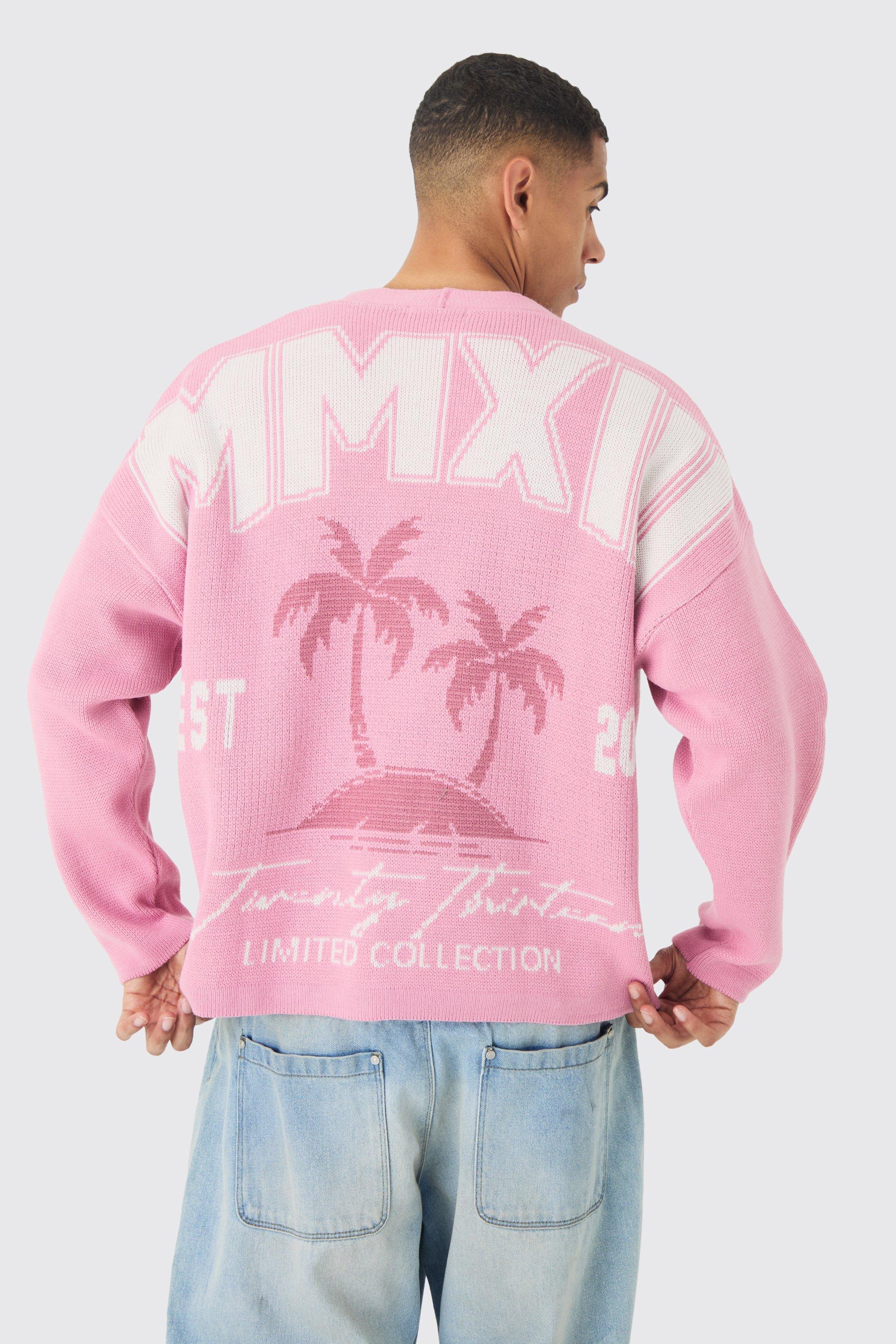 Oversized Boxy Palm Graphic Cardigan in Pink | boohooMAN USA Product Image