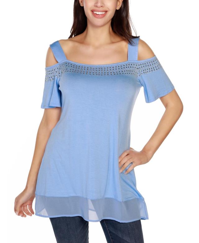 Belldini Womens Embellished Cold-Shoulder Top Product Image