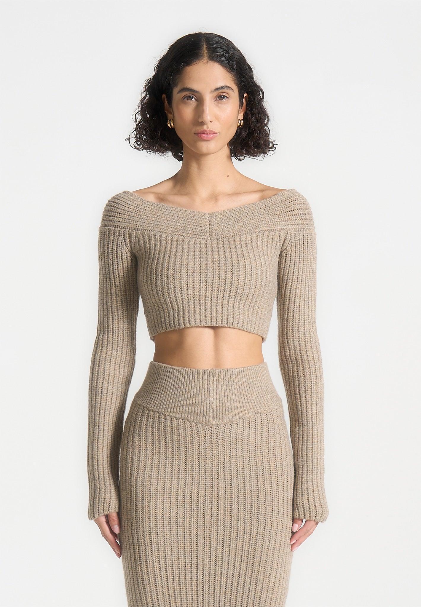 Off Shoulder Knit Crop Top - Beige Marl Female Product Image