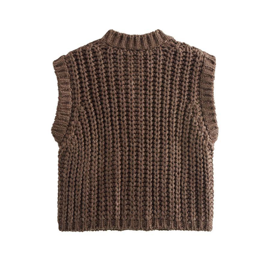 Round  Neck Plain Button Sweater Vest Product Image