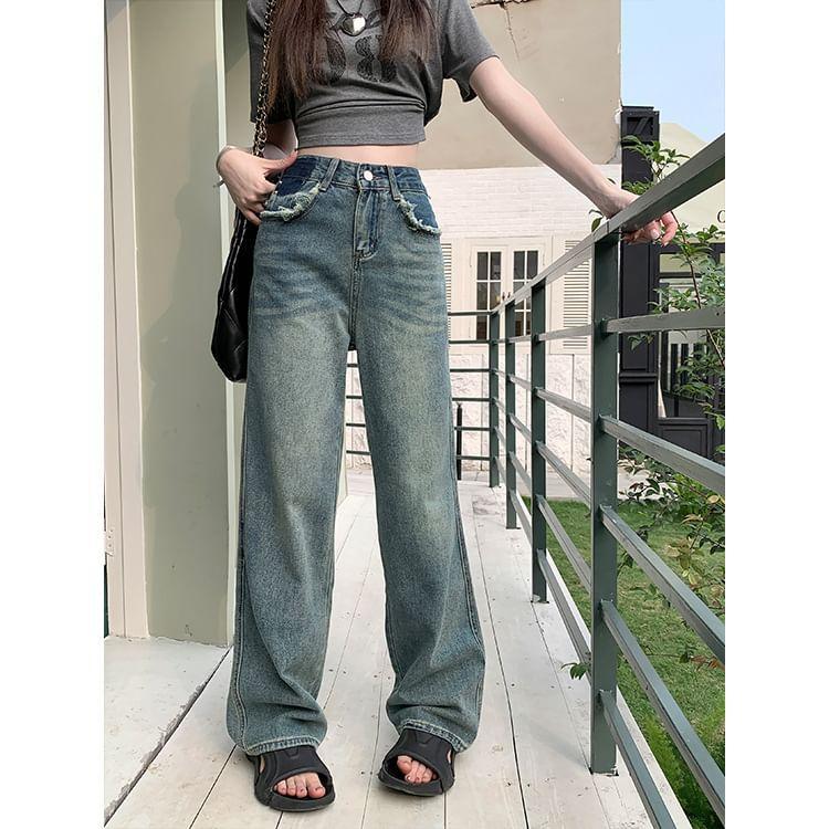 High Waist Fringed Washed Loose Fit Jeans Product Image