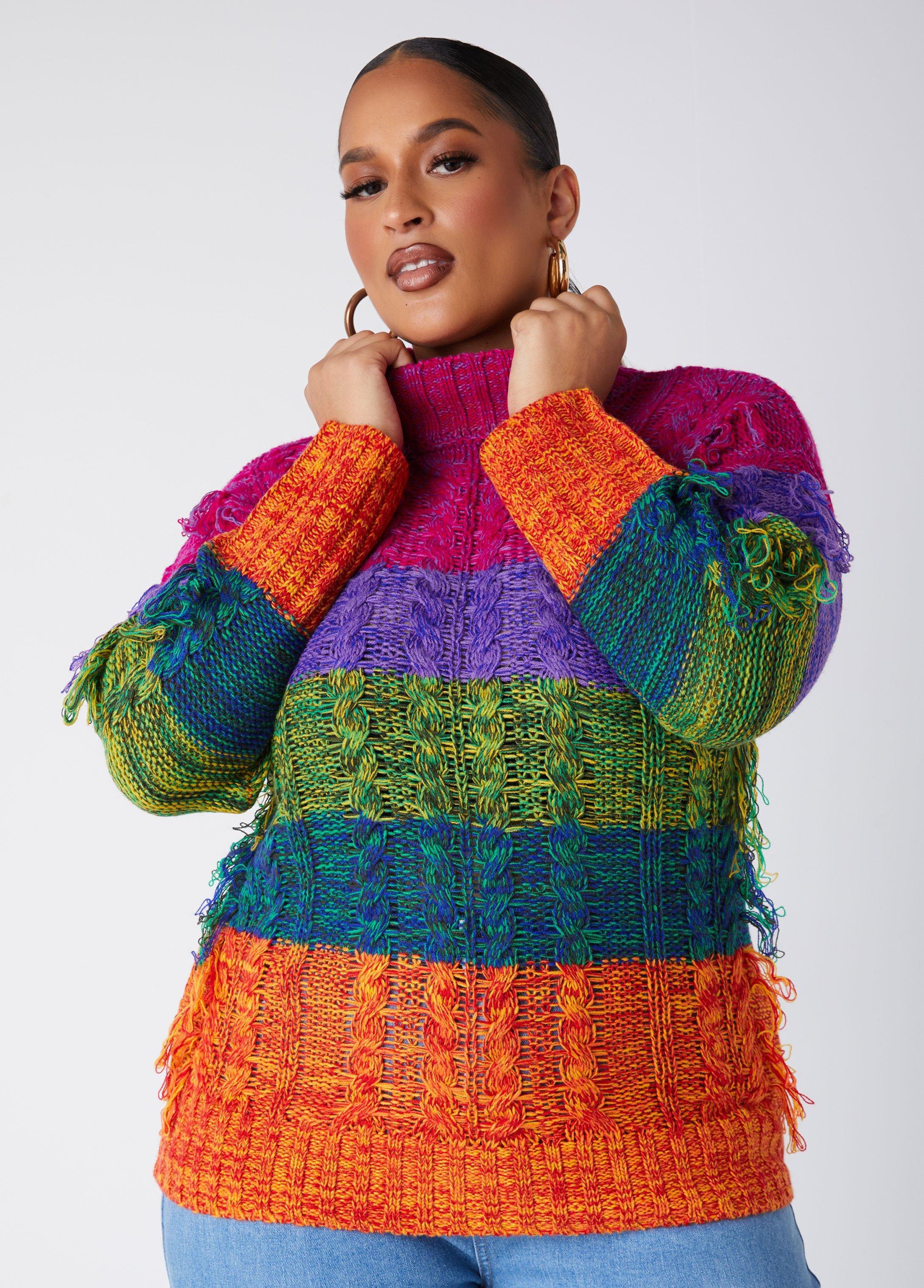 Fringed Rainbow Cable Knit Sweater Product Image