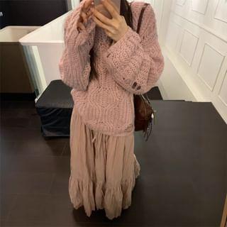 Round Neck Plain Distressed Sweater / High Waist Crinkle Maxi A-Line Skirt Product Image