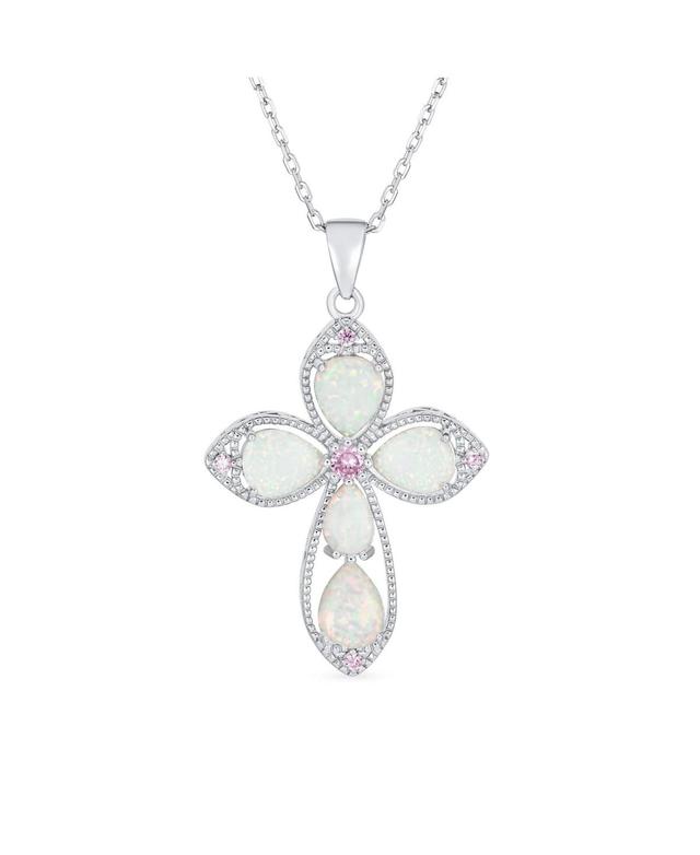 Bling Jewelry Statement Pink Cz White Synthetic Opal Cross Necklace Pendant For Women Sterling Silver Product Image