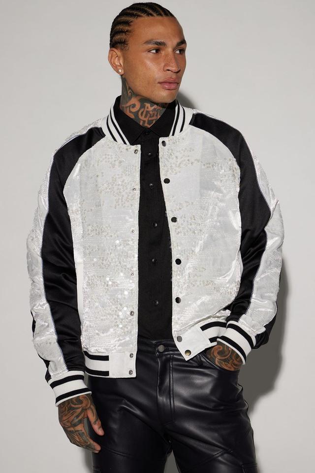 Stay Through Sequin Varsity Bomber Jacket - White/combo Product Image