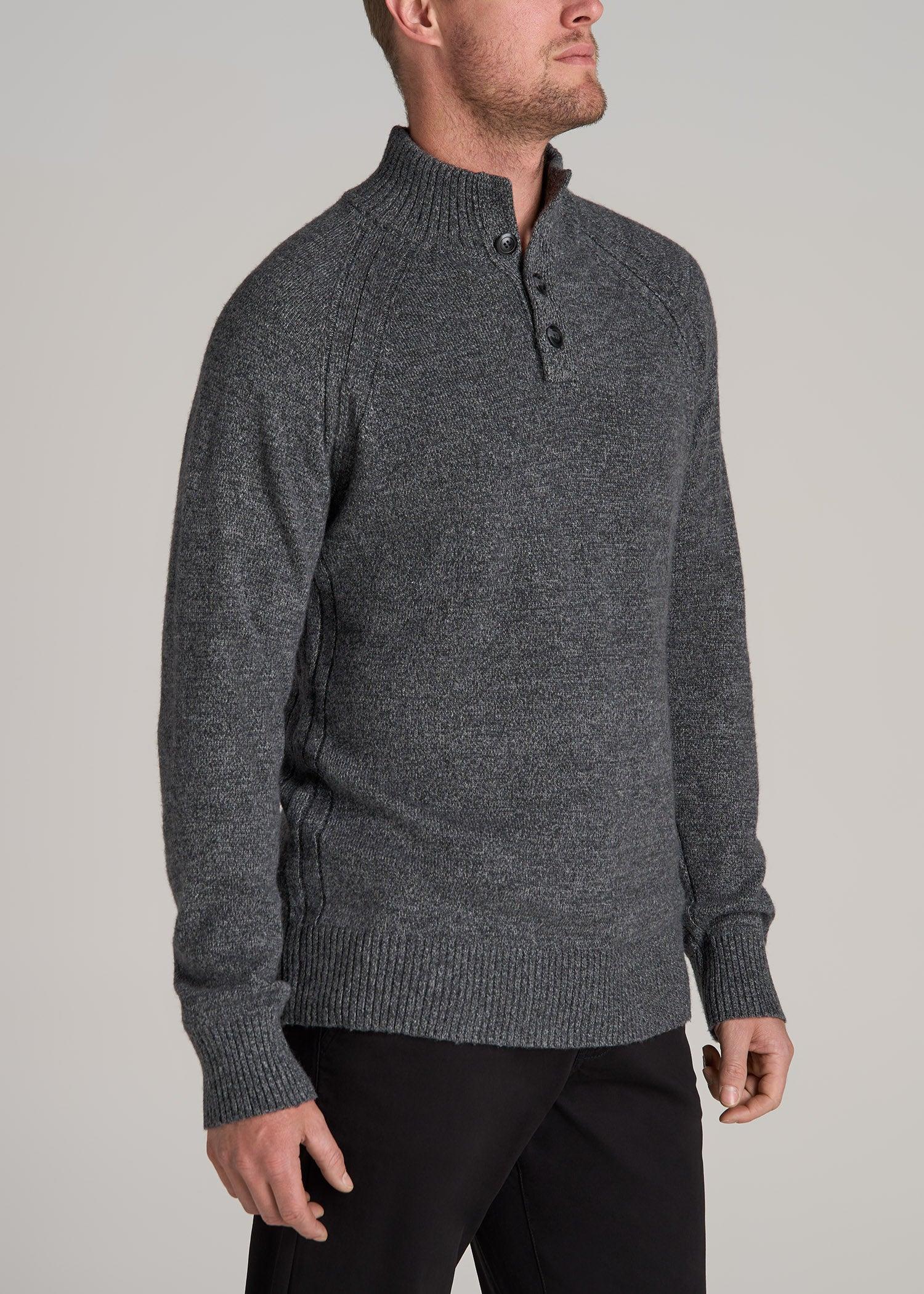 Three Button Mock Neck Tall Men's Sweater in Grey Marl Product Image