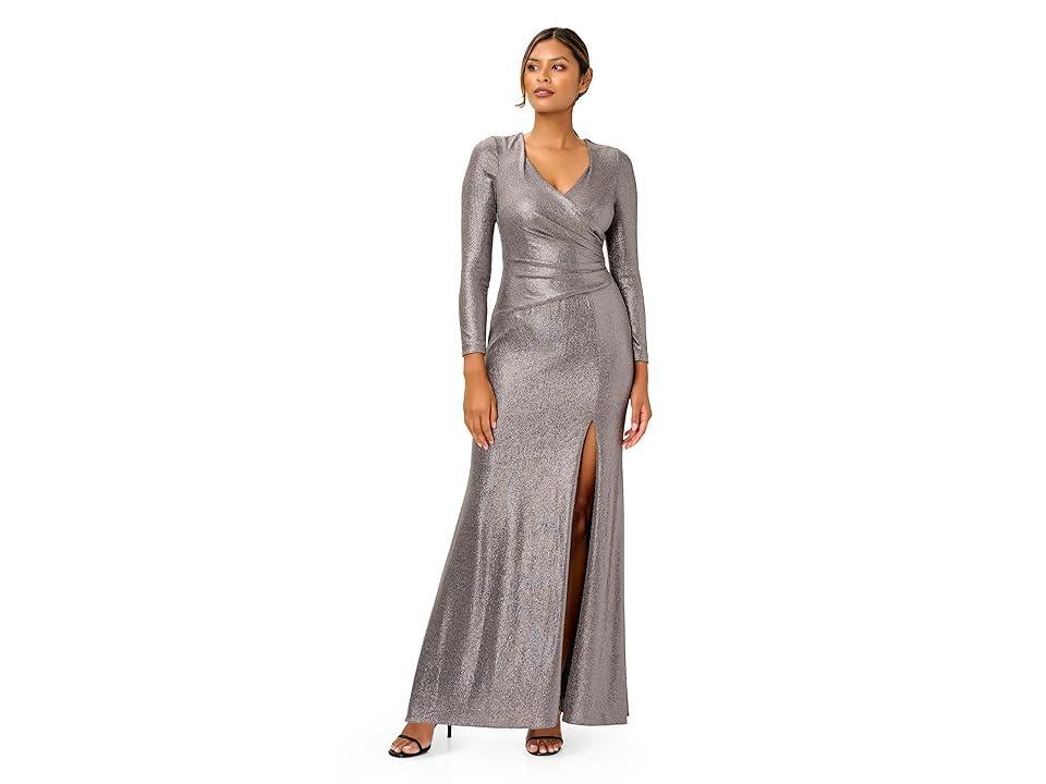 Adrianna Papell Long Sleeve Stretch Metallic Jersey Gown (Stone) Women's Dress Product Image