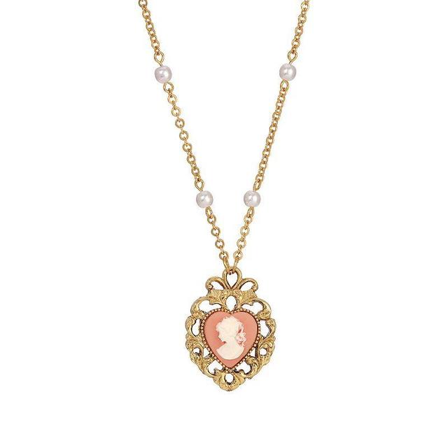 1928 Gold Tone Simulated Pearl Pink Cameo Heart Pendant Necklace, Womens, Orange Product Image