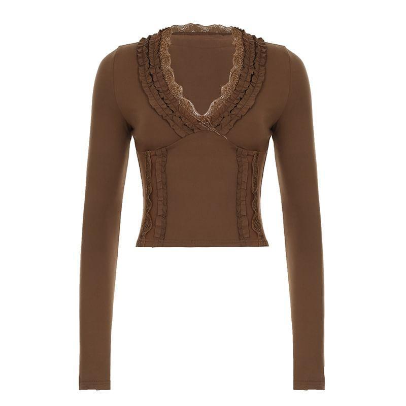 Long-Sleeve V-Neck Lace Trim Plain Crop Top Product Image