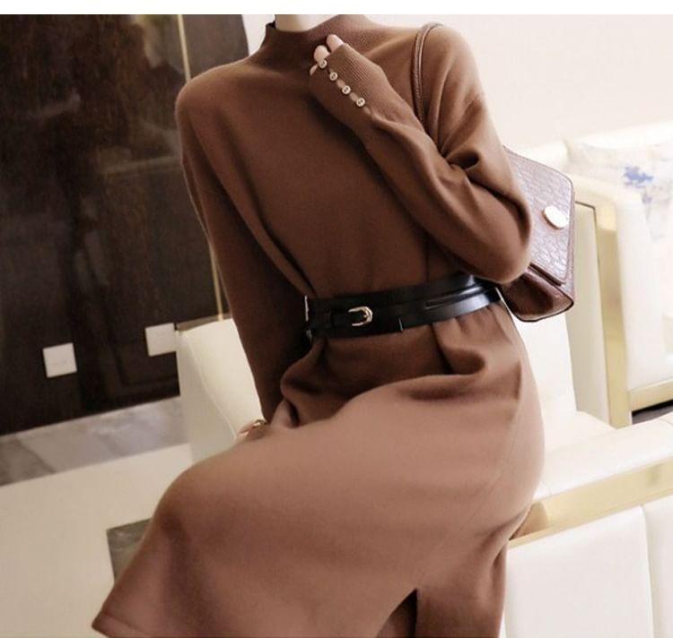 Long-Sleeve Mock Neck Plain Midi Sheath Knit Dress Product Image