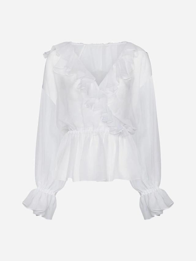 Ruffled Silk Blouse In White Product Image