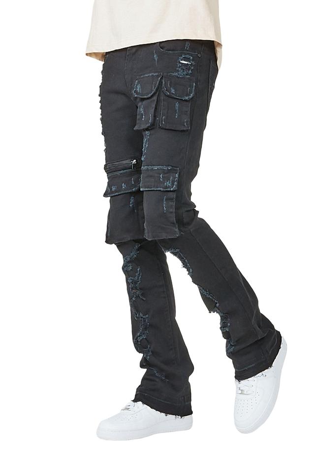 Sleez Black Stacked Flare Cargo Jean Male Product Image