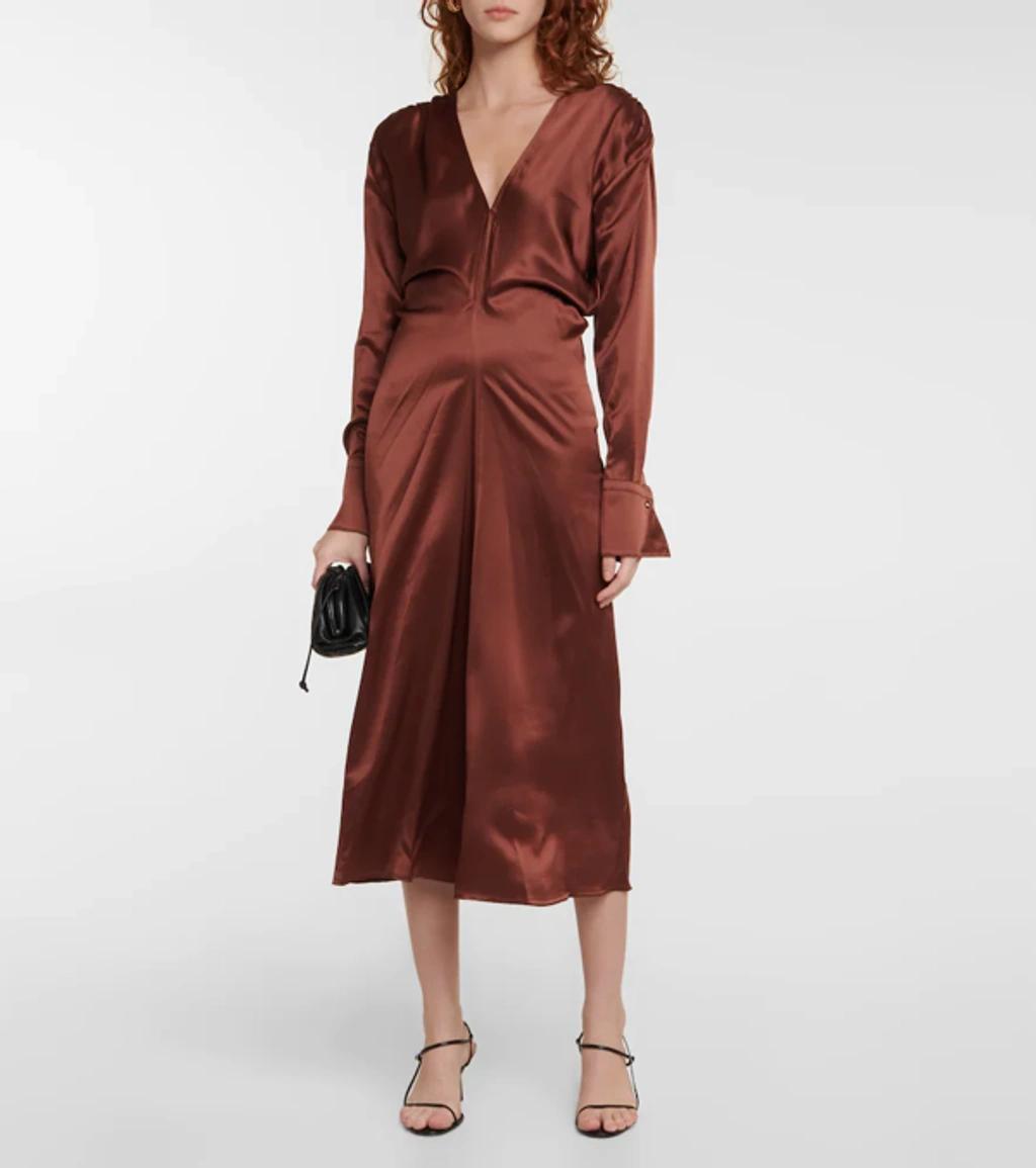 Gathered-detail V-neck Dress In Chocolate Product Image