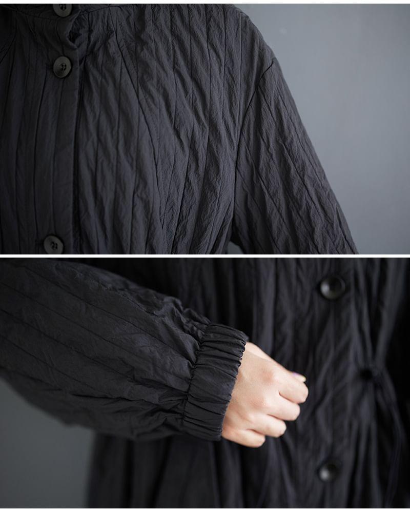 Stand Collar Plain Drawstring-Waist Hood Midi Button Trench Coat Product Image