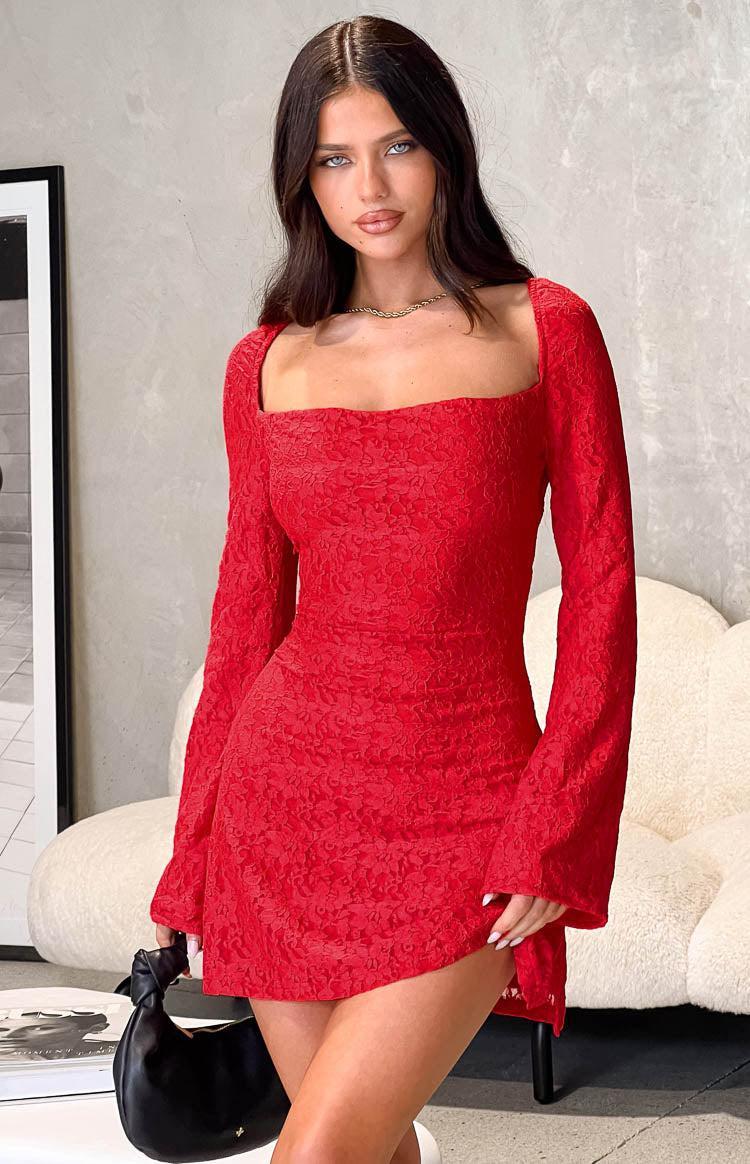 Marienne Red Lace Long Sleeve Mini Dress Product Image