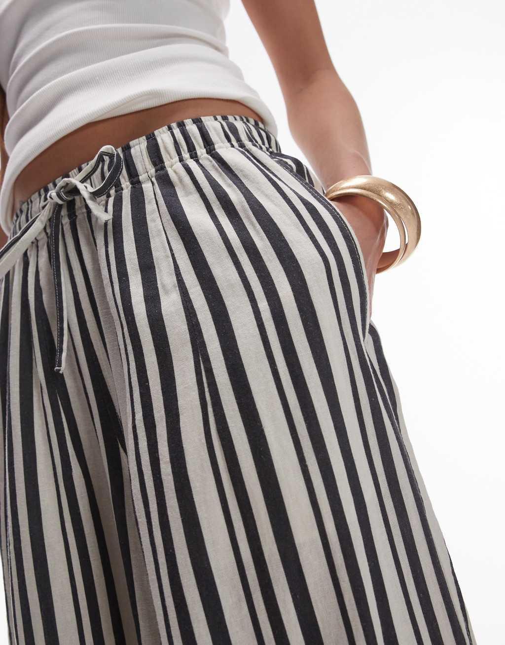 Topshop stripe linen wide leg pants in mono Product Image