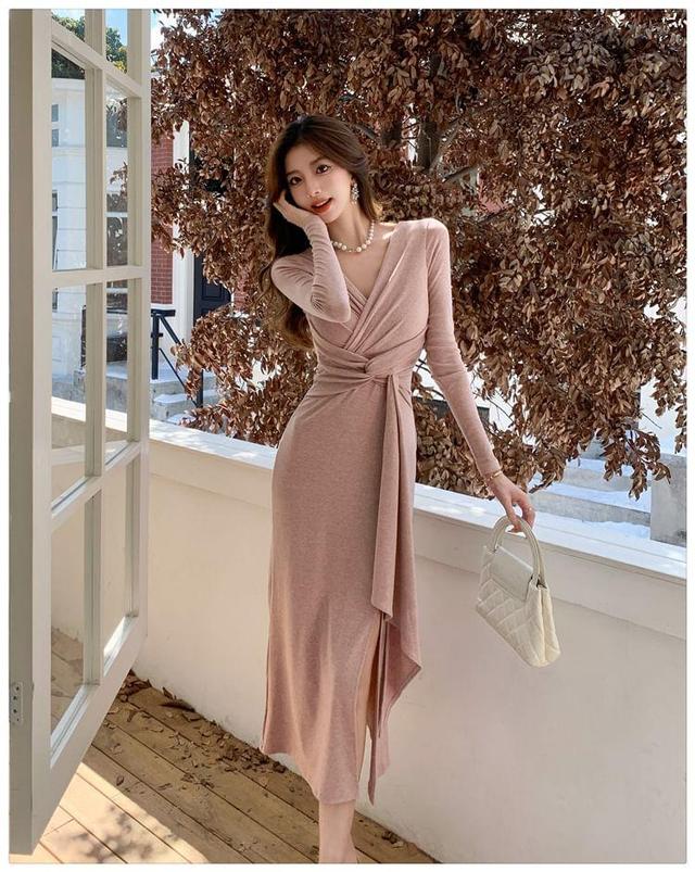 Long-Sleeve V-Neck Plain Tie Waist Slit Midi Sheath Dress Product Image