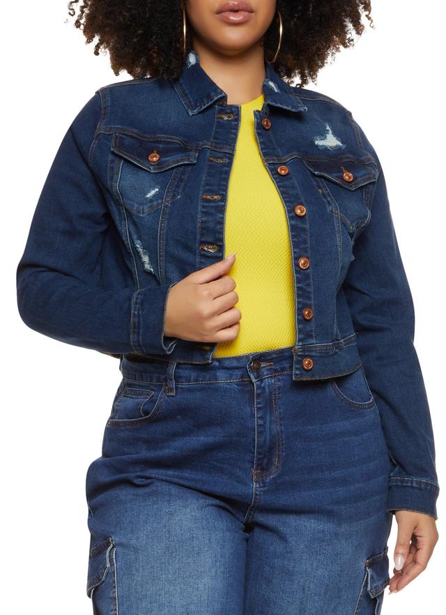 Womens Plus Size WAX Distressed Cropped Jean Jacket Product Image