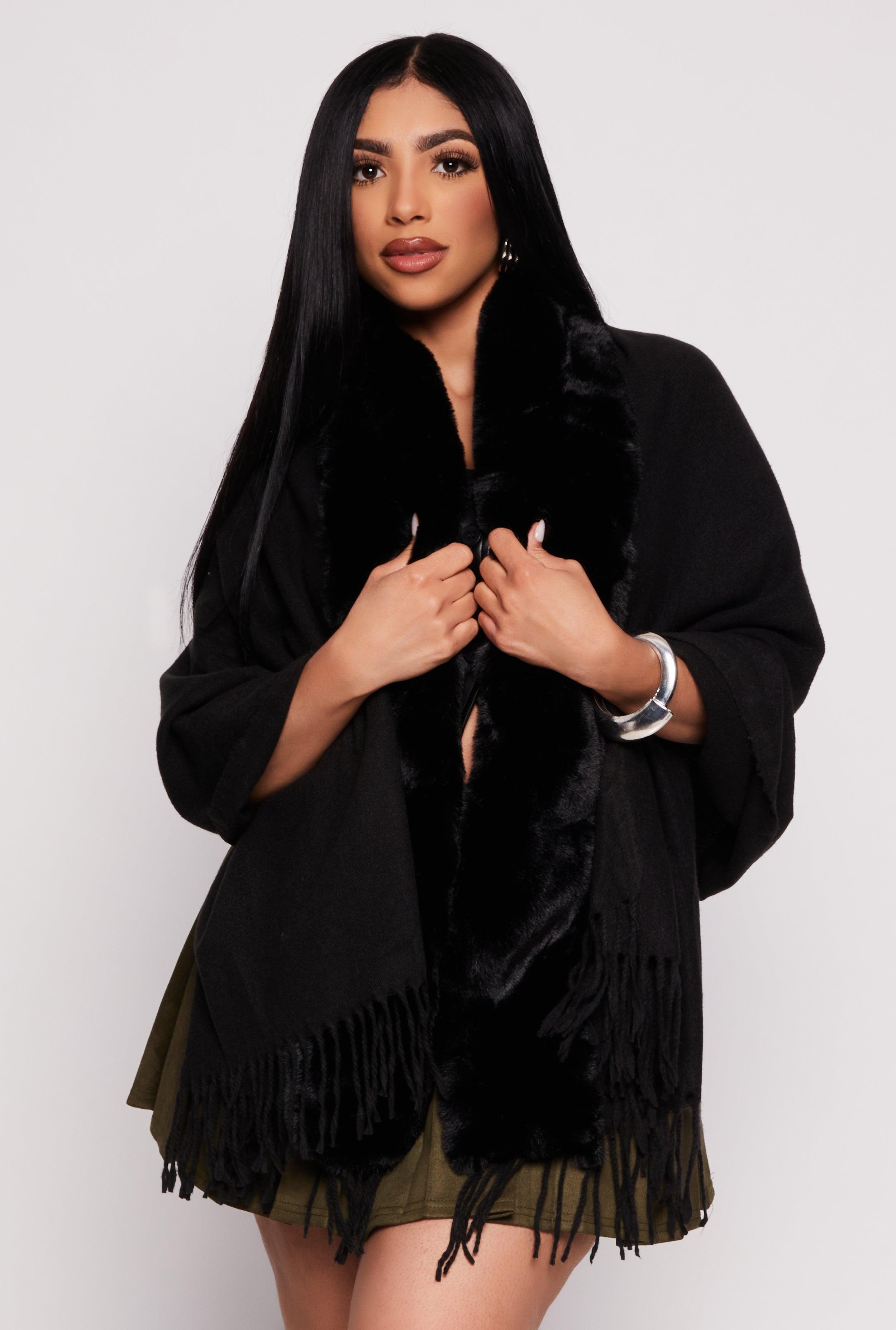 Womens Faux Fur Collar Fringe Ruana product image