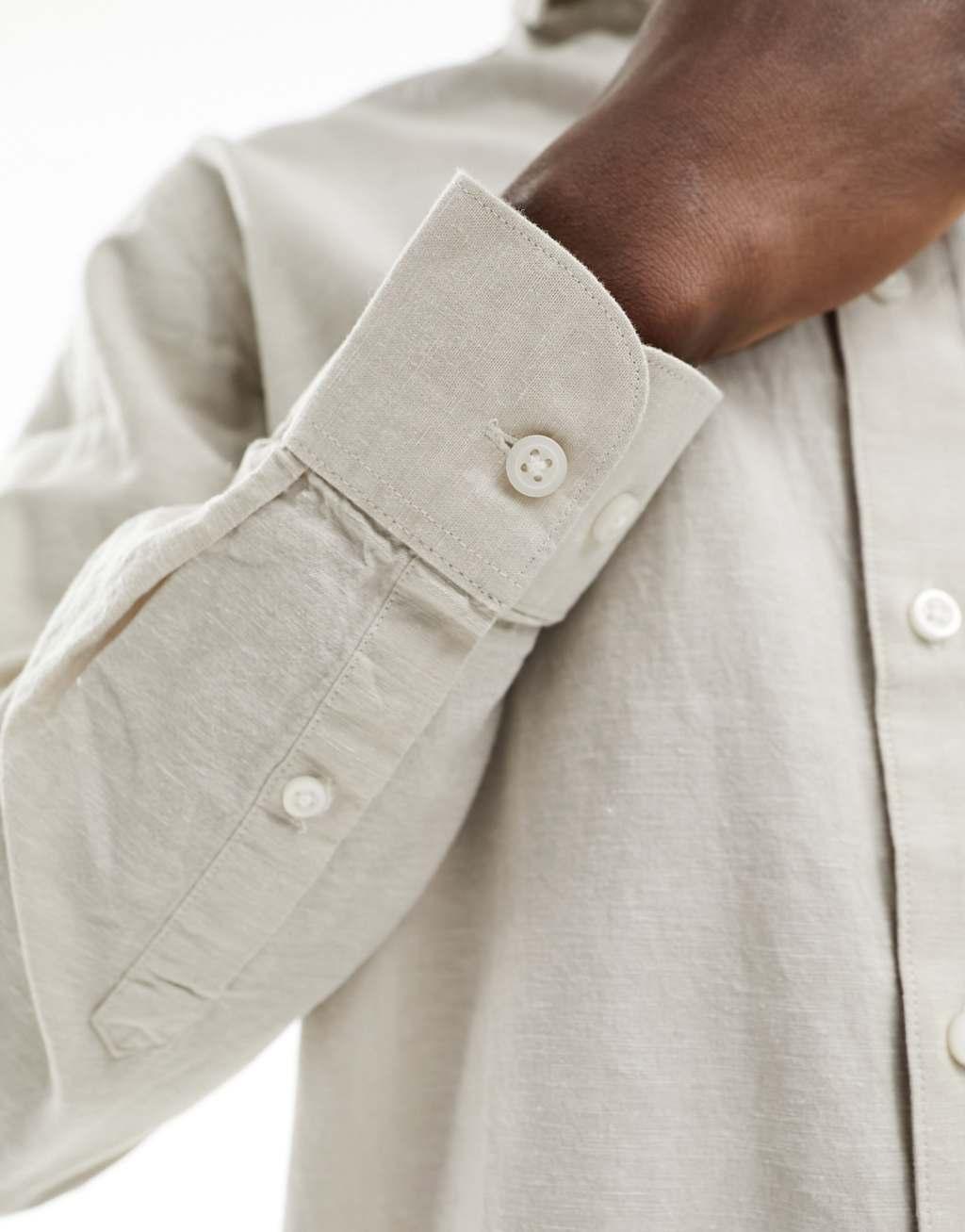 Selected Homme long sleeve linen mix shirt in beige  Product Image