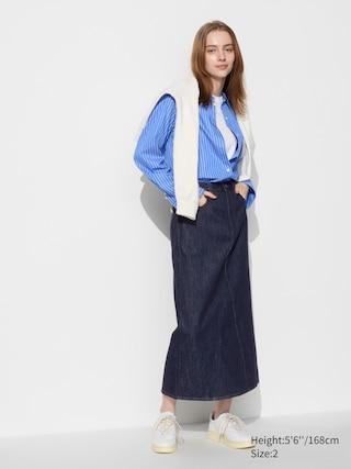 Womens Denim Panel Long Skirt Navy 8 UNIQLO US Product Image