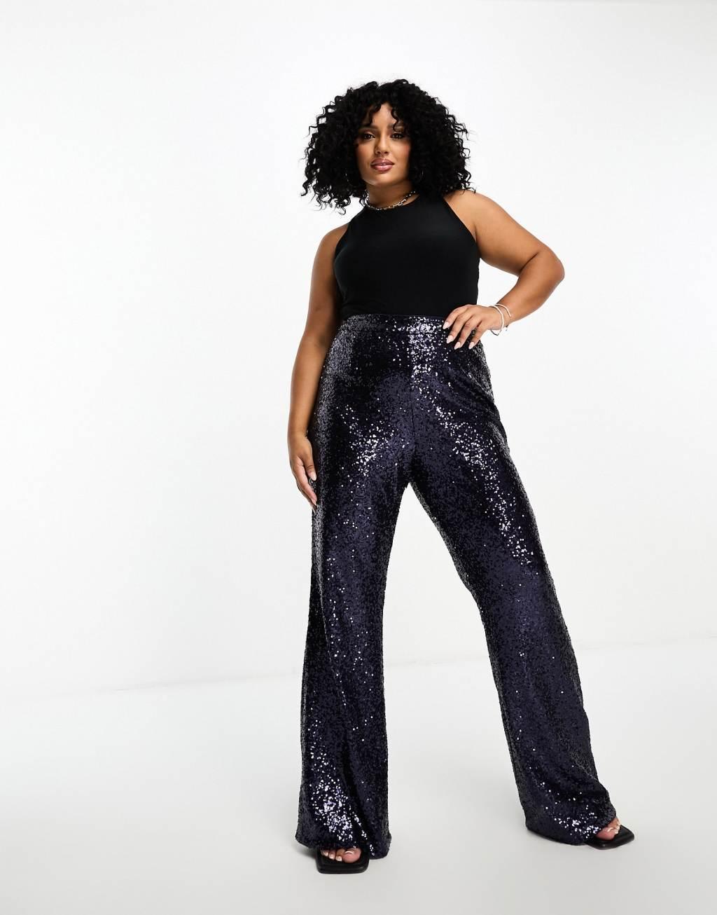 Collective the Label Plus exclusive sequin wide leg pants in midnight blue Product Image