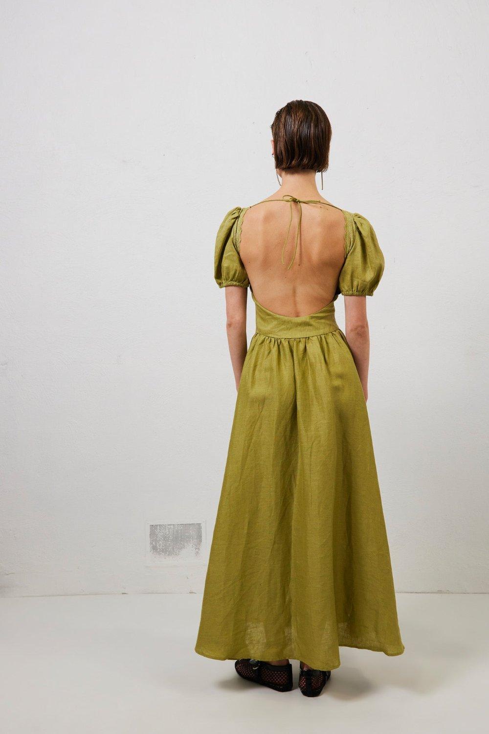 Paradiso Linen Midi Dress Olive Product Image