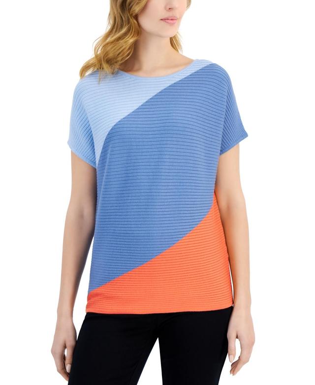 Women's Short Sleeve Colorblocked Ribbed Crewneck Sweater Product Image