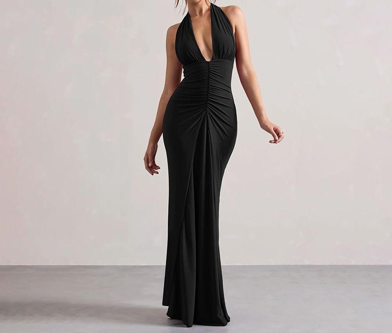 Halter Plain Ruched Maxi Sheath Dress Product Image