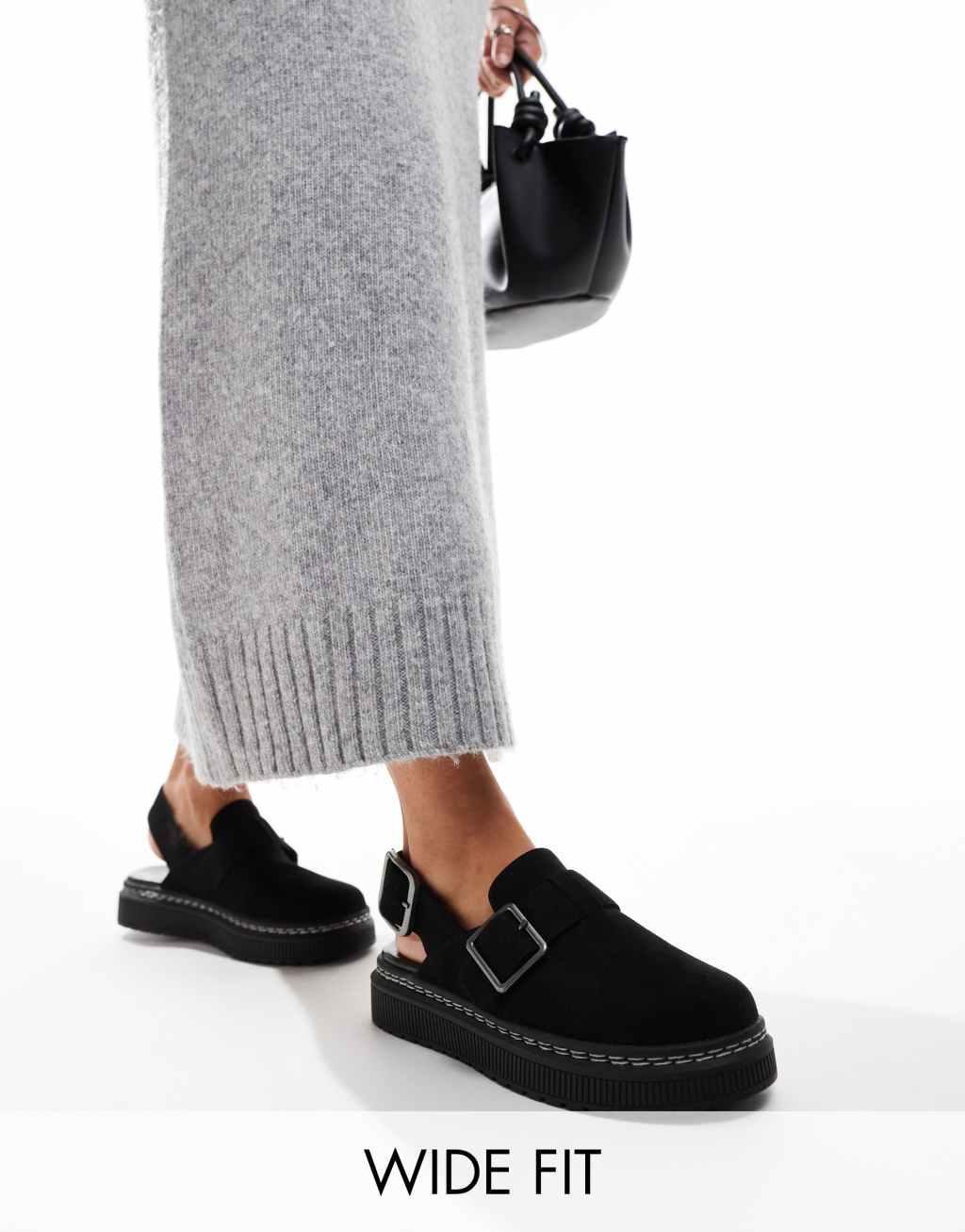 London Rebel Robin wide fit slingback mules in black Product Image