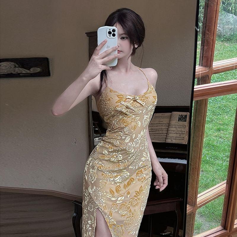 Spaghetti Strap V-Neck Jacquard Maxi Bodycon Dress Product Image