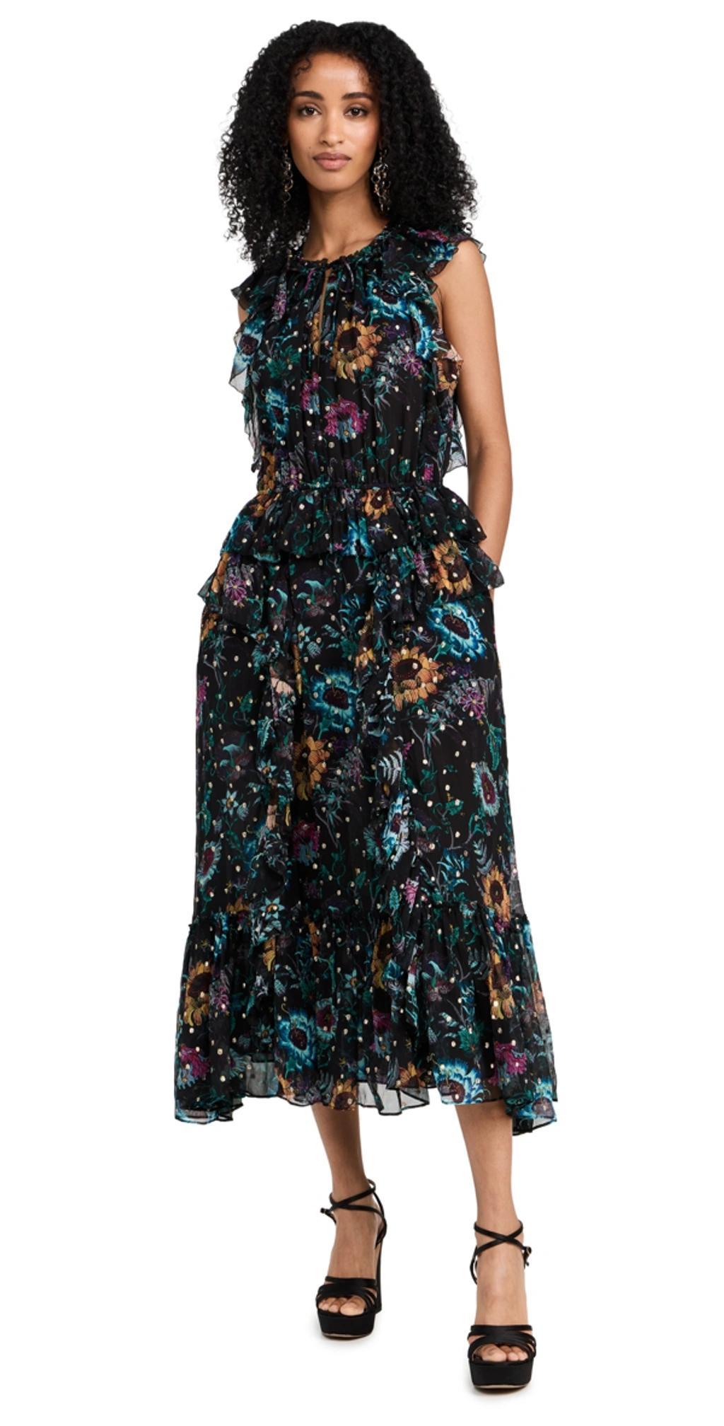 Adrienne Sleeveless Tiered Ruffle Printed Midi Dress In Black Iris Product Image