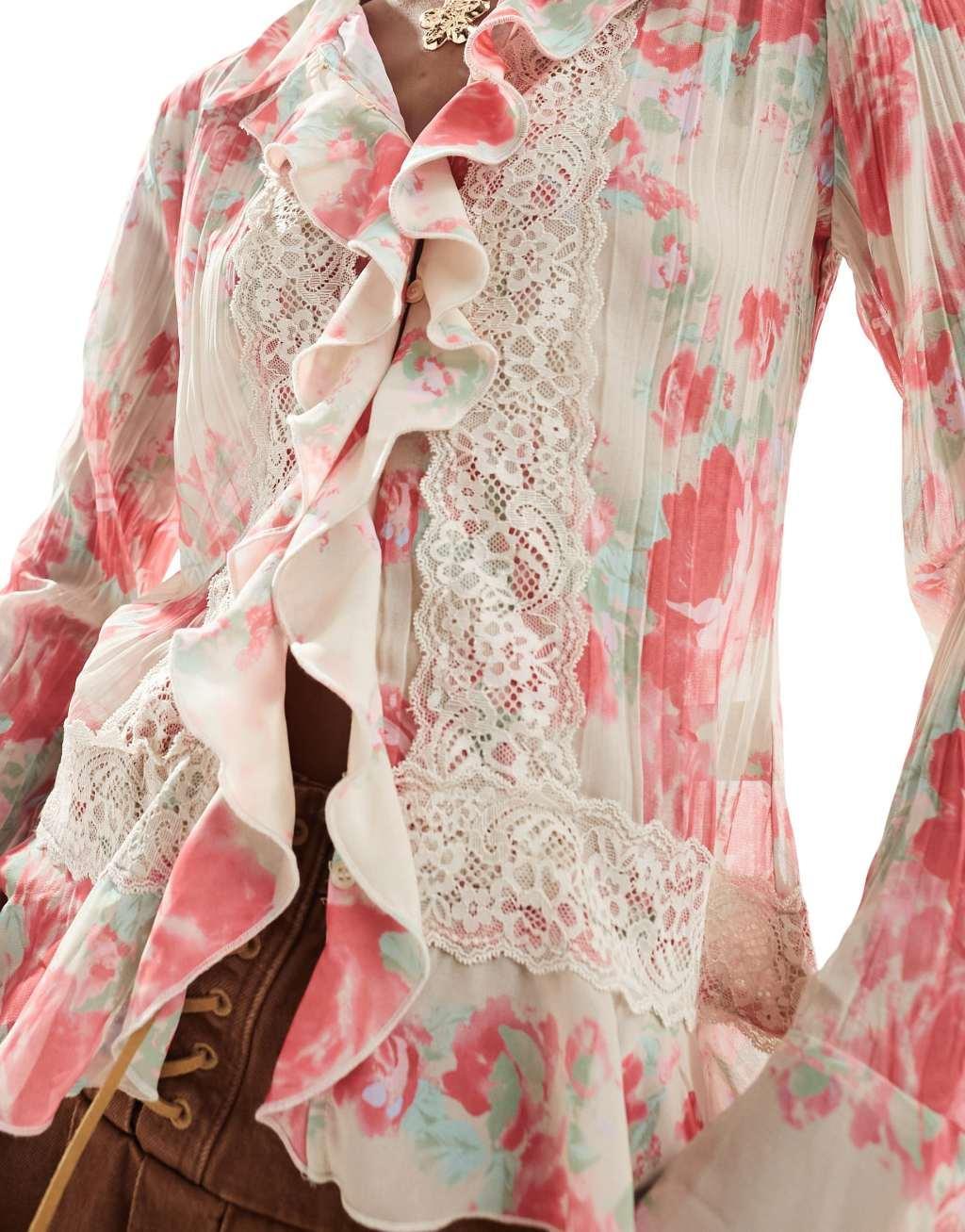 Free People floral bloom print ruffle blouse in multi Product Image