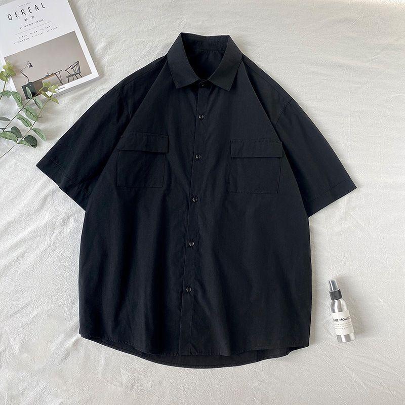 Elbow-Sleeve Collared Plain Shirt Product Image