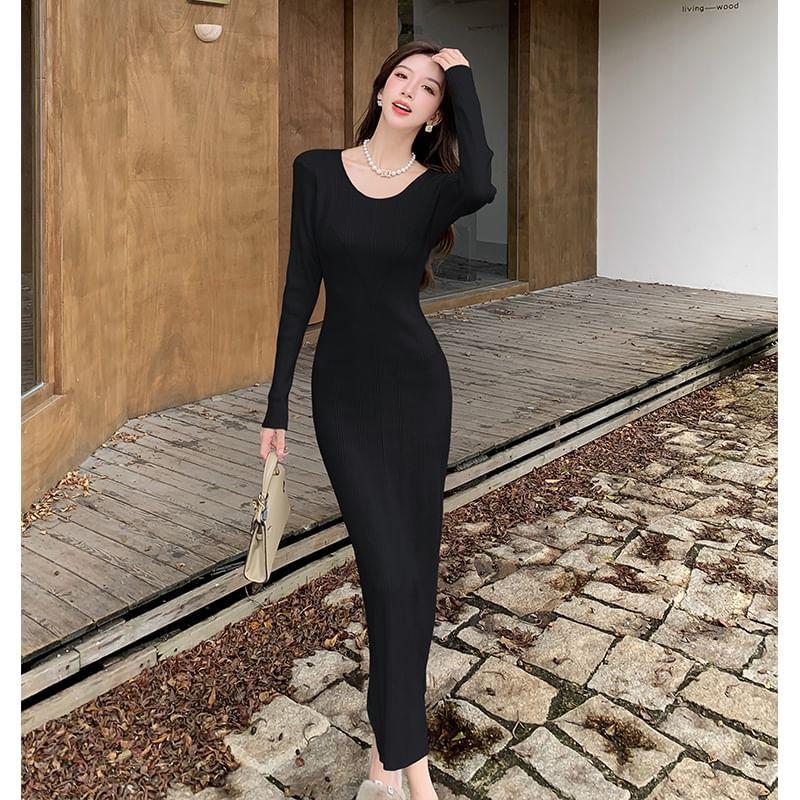 Long Sleeve Round Neck Plain Knit Maxi Sheath Dress Product Image