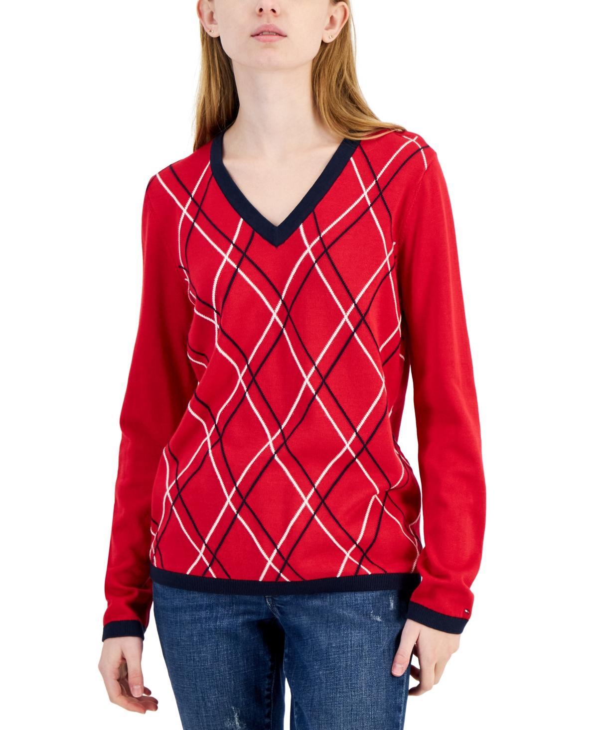 Tommy Hilfiger Womens Argyle V-Neck Sweater Red Product Image