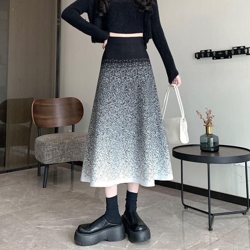 Elastic Waist Gradient Midi A-Line Knit Skirt Product Image