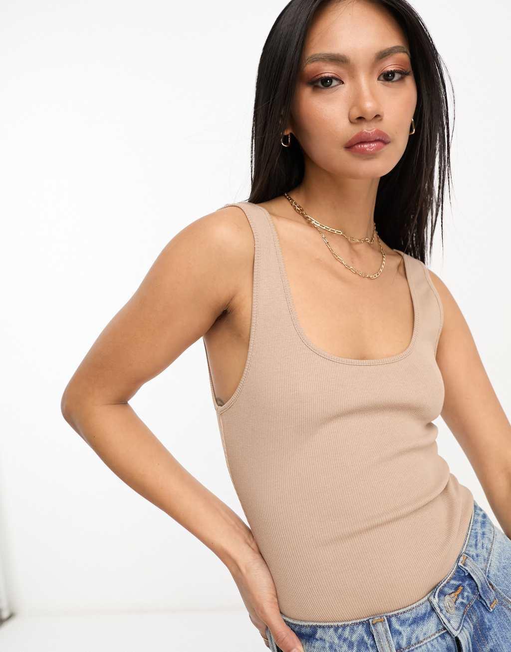 ASOS DESIGN scoop neck ribbed bodysuit in natural Product Image