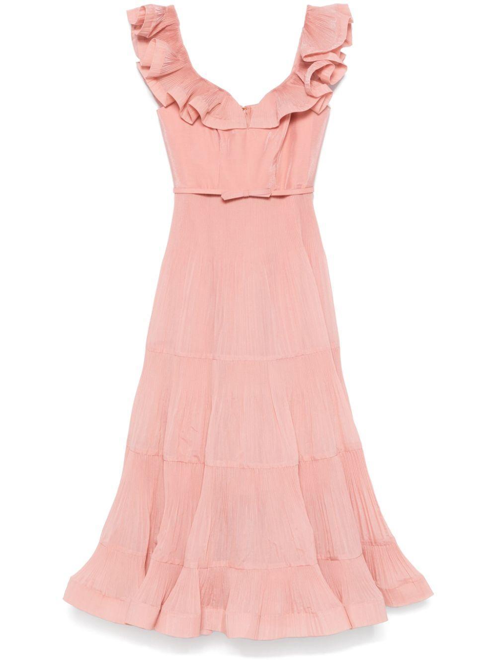 ZIMMERMANN Ruffled Pleated Midi Dress In Pink Product Image